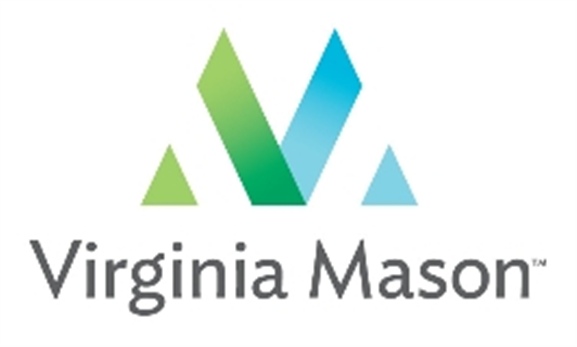 Virginia Mason logo, abstract shapes forming a V and a M in green and blue
