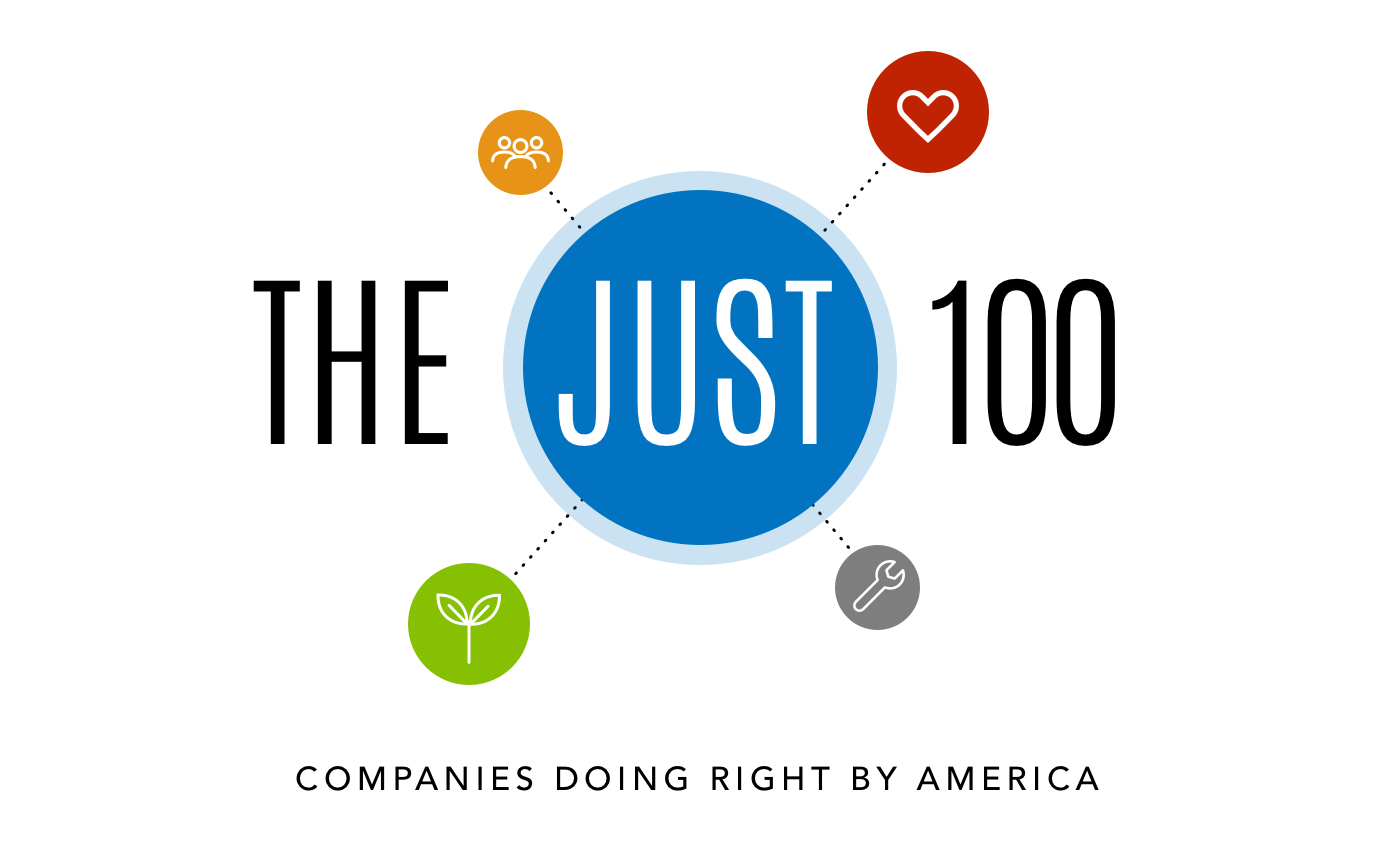 A graphic that reads "The JUST 100." The word "JUST" is within a large blue circle. Small yellow, red, green, and grey circles link out with icons. 