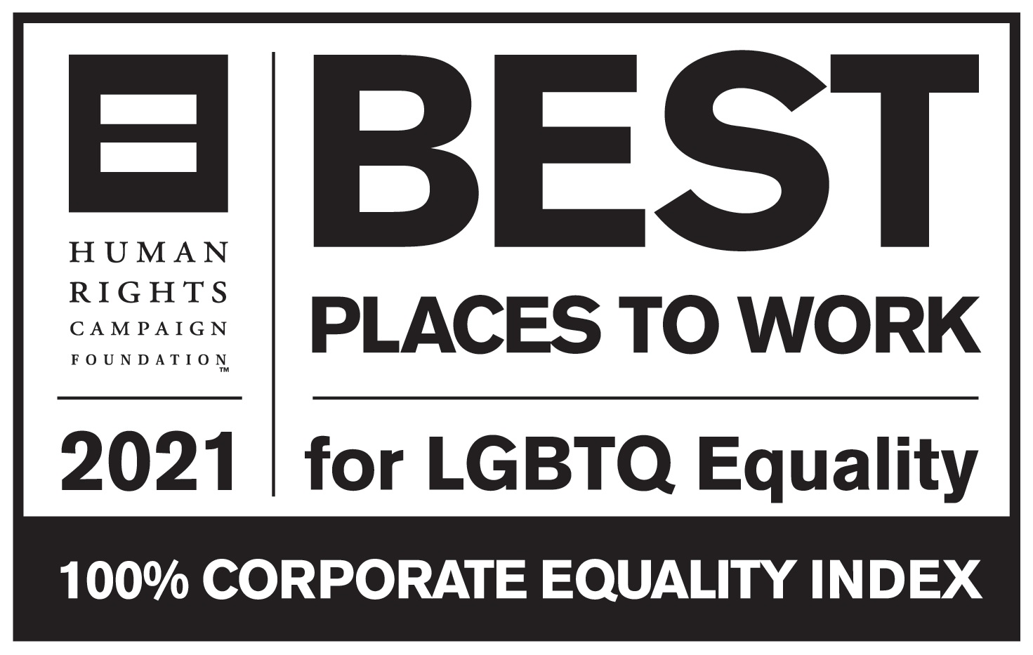 Black and white logo with Human Right's commission equal sign in the top left and "Best Places to Work for LGBTQ Equality" on the right.