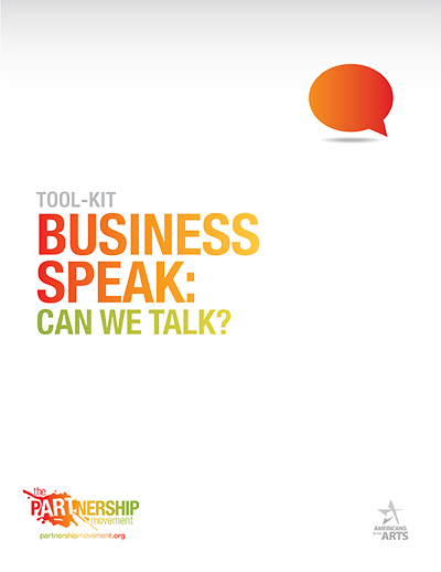Front cover of pARTnership Movement Tool-Kit: Business Speak: Can We Talk? which has a colored speech bubble on it.