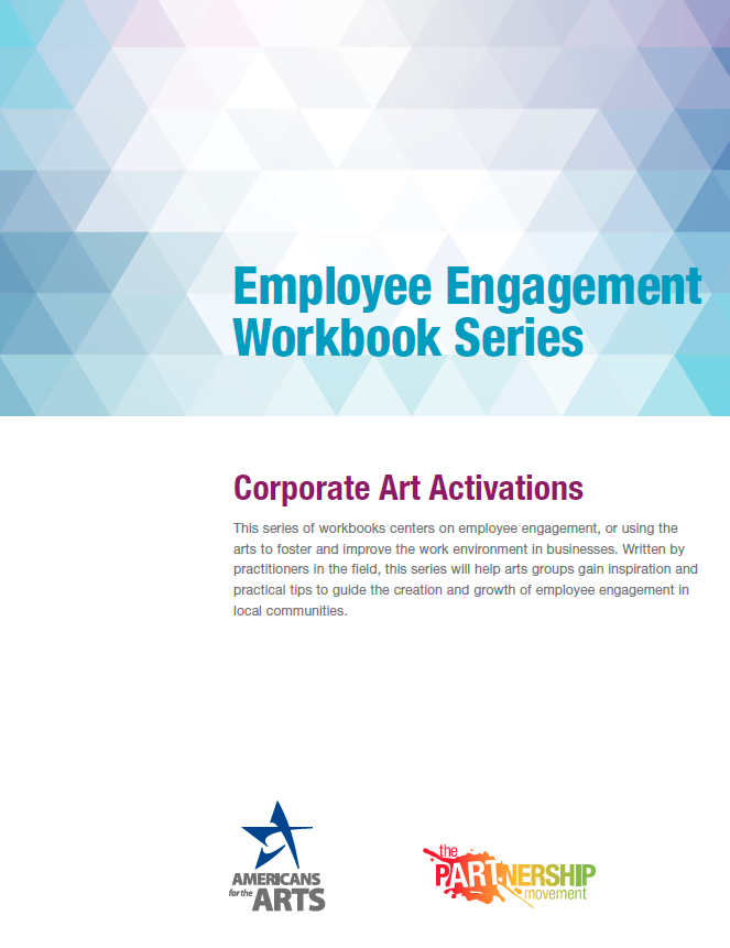 Front cover of Employee Engagement Workbook: Corporate Art Activations which features an image of varying shades of blue squares.